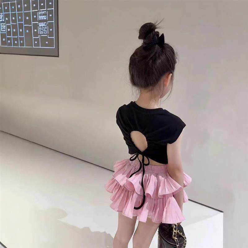 女童韩版休闲裙套装中大童夏季新款洋气露背短袖时髦花苞裙两件套