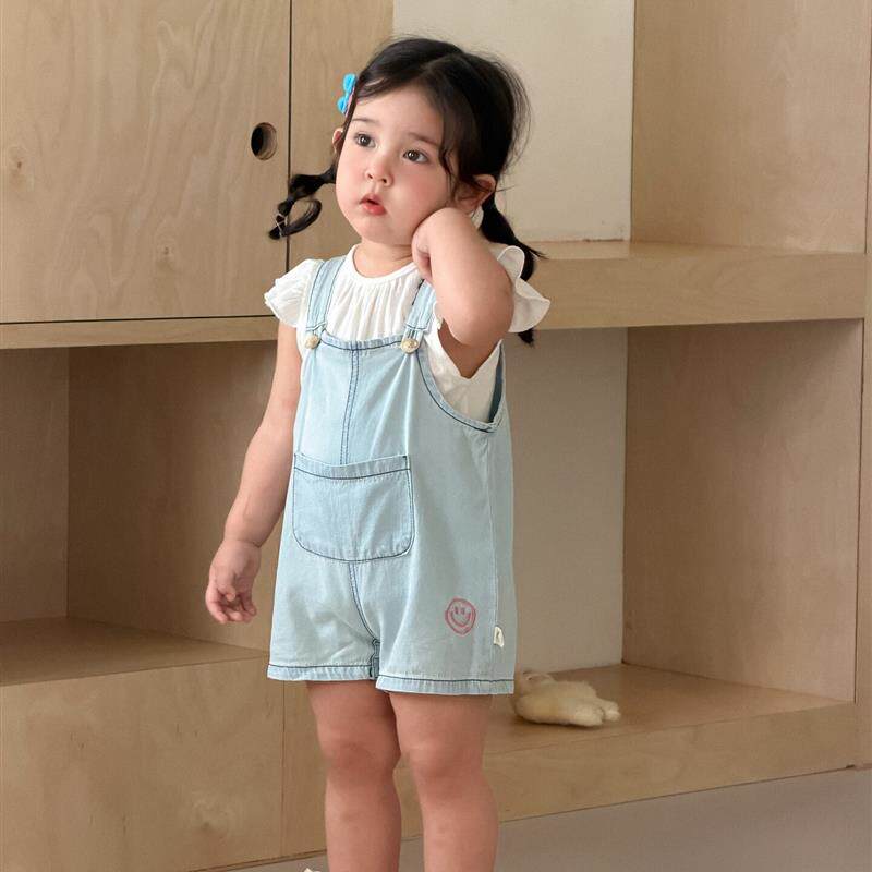 儿童夏季服装2026夏装女童短袖T恤衫牛仔背带裤套装宝宝夏季衣服