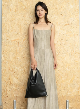 NOD NOT NO亚麻混纺褶皱肌理分割设计扎染长款吊带串珠连衣裙