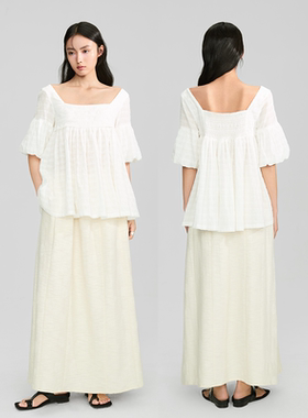 NOD NOT NO方领泡泡袖暗条纹提花褶量上衣蕾丝工艺面料百搭TOP