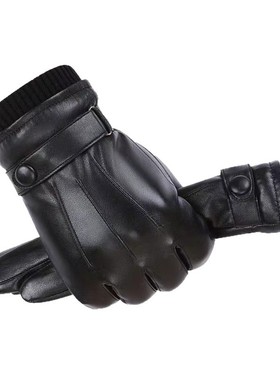 秋冬手套男PU手套保暖时尚黑色情侣款加绒触屏防风防寒防泼水手套