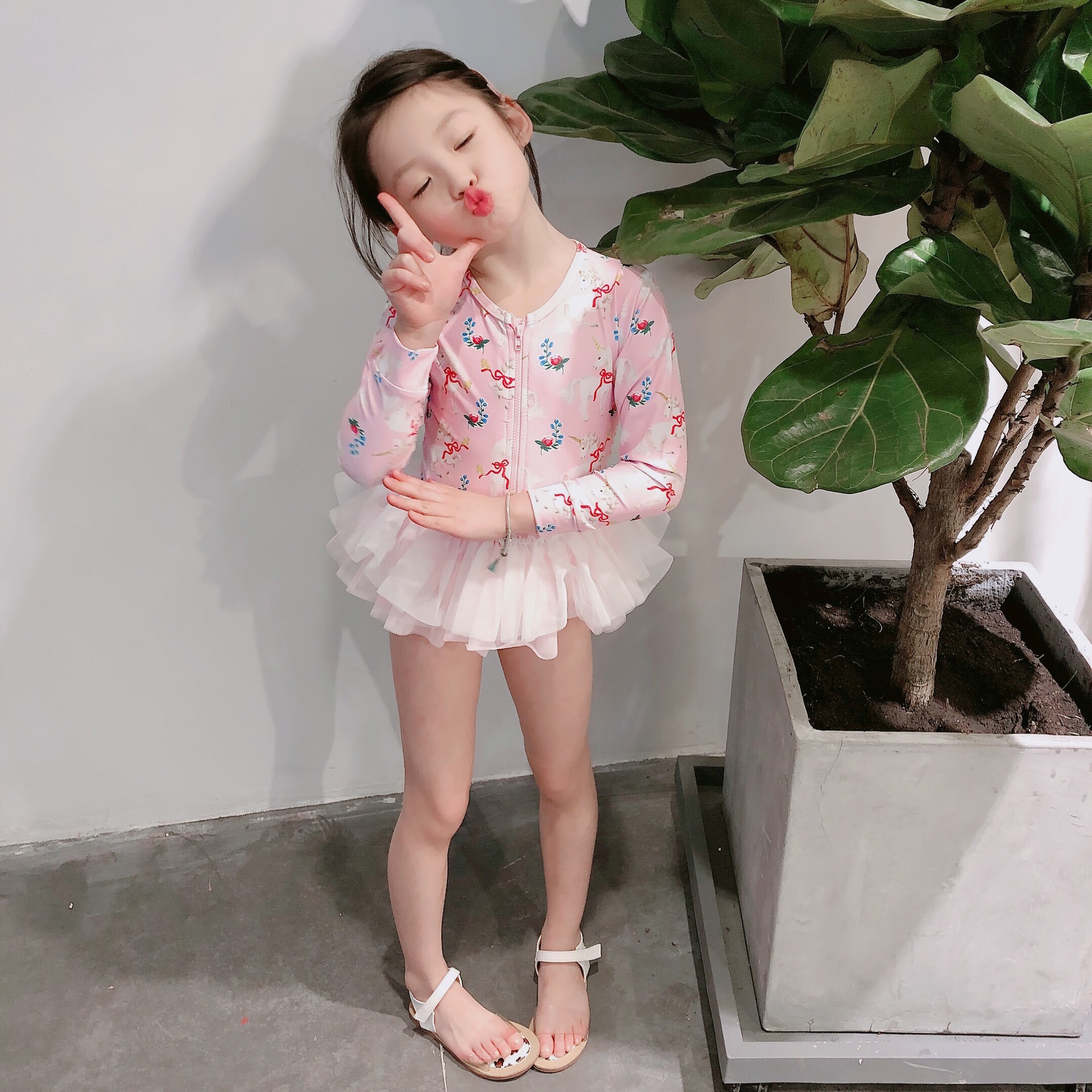 2022新款儿童泳衣女独角兽猫咪长袖连体纱裙泳衣 一件