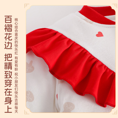 婴儿夹棉连体衣200G加厚秋冬季大红拜年服宝宝新年衣服外出服