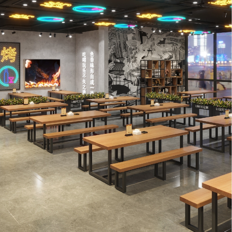 餐饮桌椅组合奶茶店甜品店清吧酒吧烤肉烧烤店实木餐桌长方形长凳