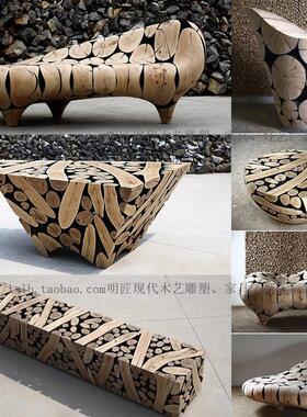 拼木木艺雕塑装置沙发坐凳休息凳公共座椅城市休闲家具广场公园林