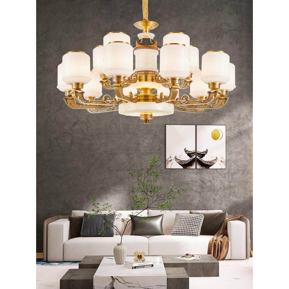 包安装新中式玻璃大吊灯客厅灯厚重餐厅书房茶室别墅覆式楼全铜