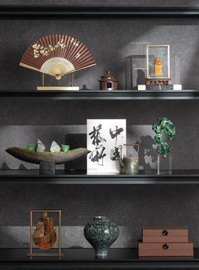 新中式风格古宋玉器禅宗样板房博古架开格茶室书房民族风格套装装
