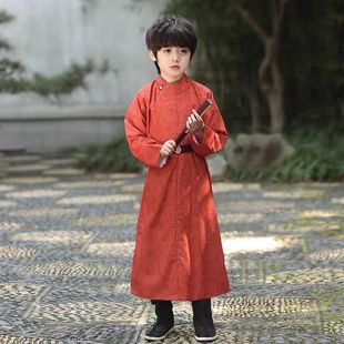 汉服男童圆领古装演出服儿童唐装小少爷李白红色套装元旦表演服