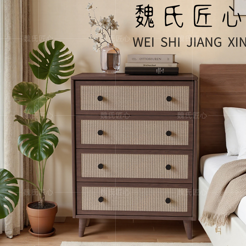 中古风实木床头柜卧室藤编储物柜新款家用床头边柜简易收纳置物柜