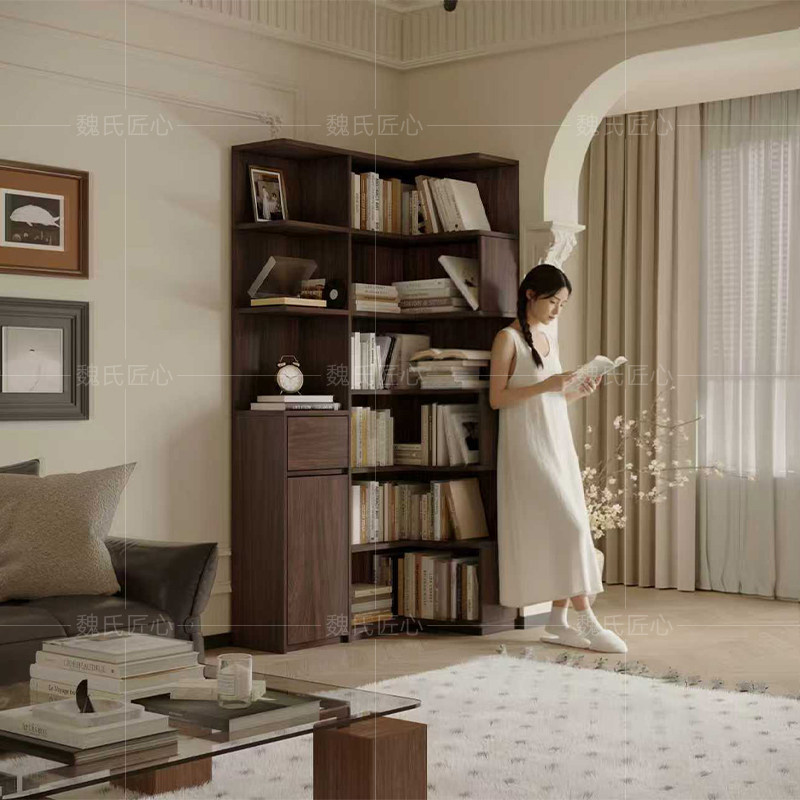 中古风书架实木转角书柜定制柜子法式复古客厅靠墙一体墙角置物架,住宅家具,单个书柜,淘宝优惠券,粉丝福利购,淘宝优惠卷