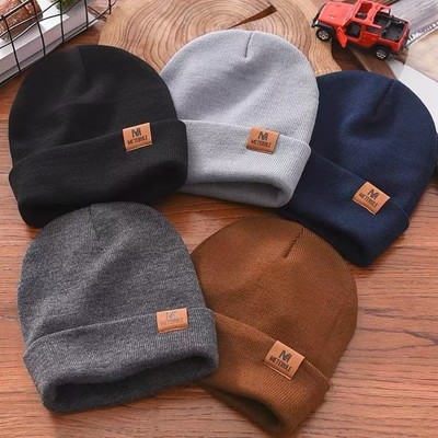 韩版m贴标针织瓜皮帽帽子潮玩包头百搭秋冬情侣保暖毛线帽冷帽