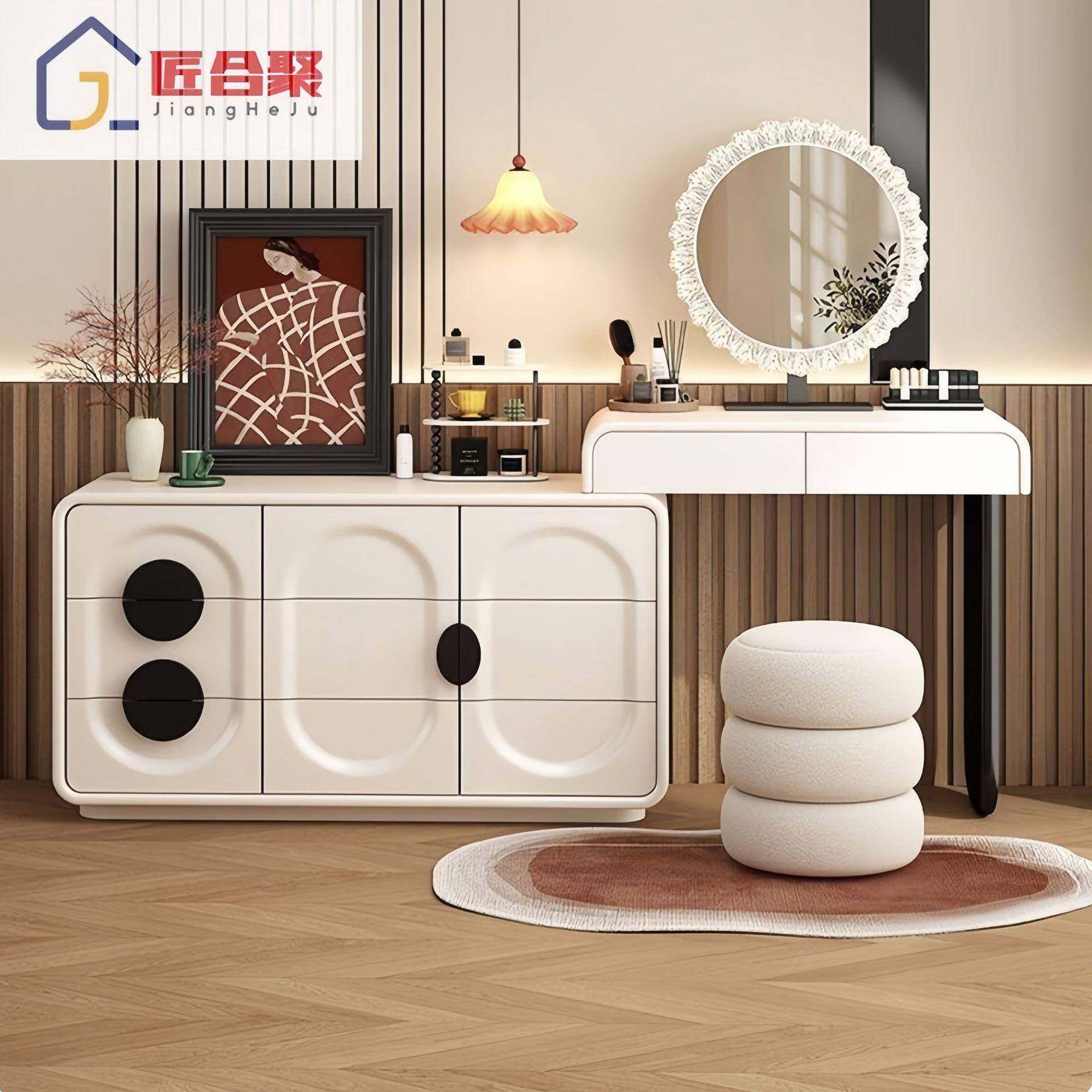 奶油风梳妆台化斗柜一体卧木室简约妆桌小户型实收烤漆HAV化妆纳