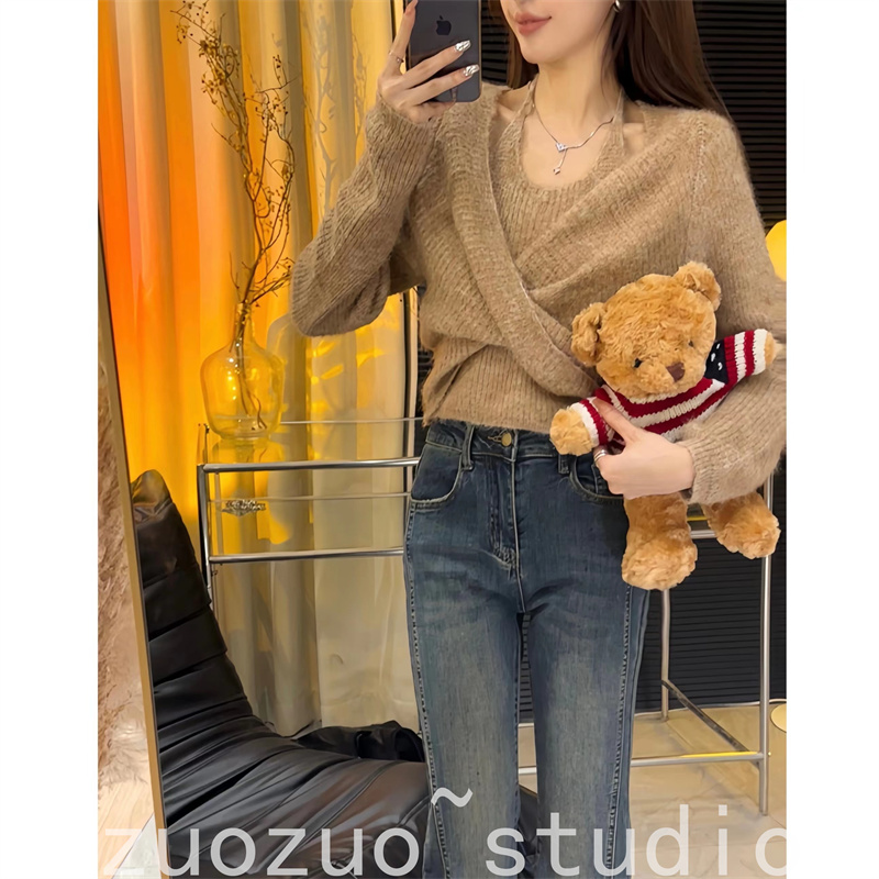 极速设计感v领针织衫女长袖w早秋慵懒风韩系宽松毛衣内搭时尚打底