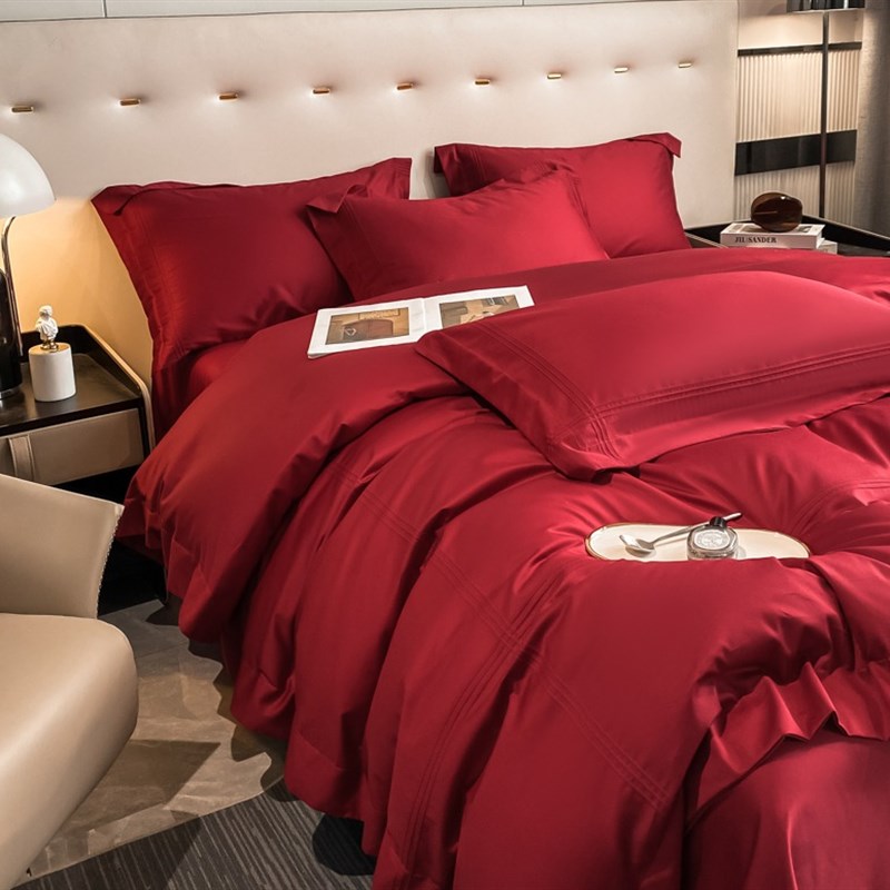 极速纯色刺绣100支婚庆四件套全棉纯G棉红色床单被套简约结婚床上
