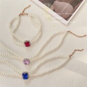 饰脖子挂 b猫咪项链狗狗项圈珍珠水晶双排链子挂饰脖圈装 新品 法式