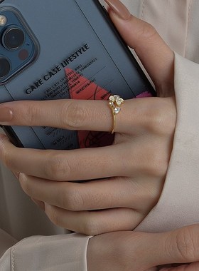 极速温柔气质花j朵通体纯银戒指女小众设计珍珠闺蜜轻奢食指可调