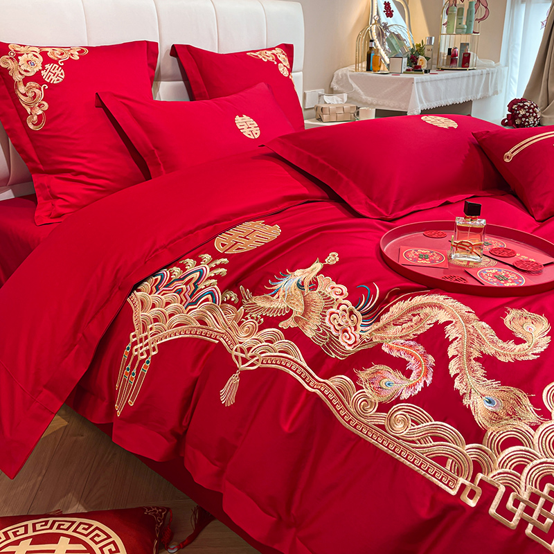 极速中式高端刺绣龙凤婚庆四件A套全棉结婚床单大红床笠新婚嫁床