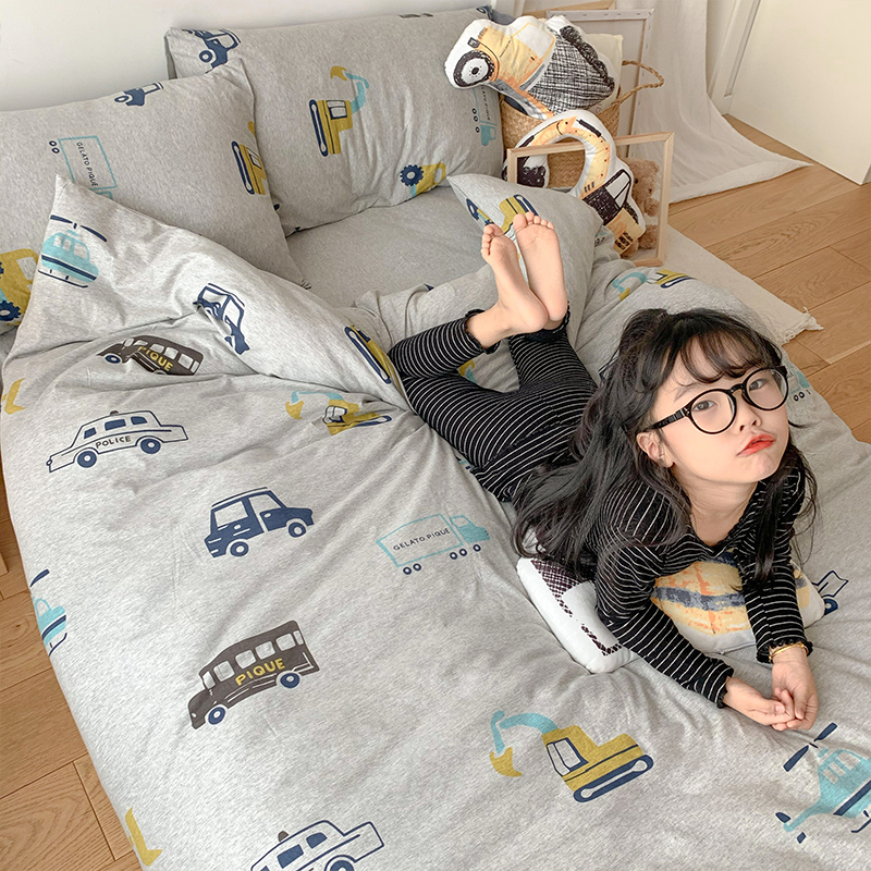 极速亲肤全棉天竺棉四件套裸睡纯棉针织床上用品幼儿W园被套床单