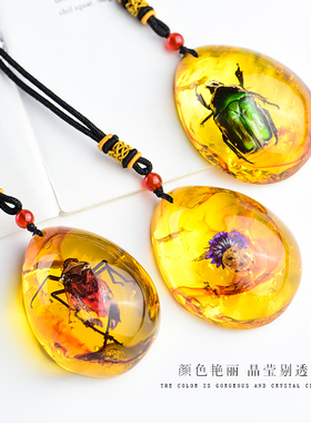 新品真实昆虫标本琥m珀吊坠蝎子蝴蝶蜘蛛真虫项链挂件个性创意吊