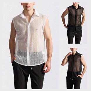 新品欧美哥特风暗黑蕾丝提花衬衫男夏季透明雪纺镂空X无袖衬衣潮