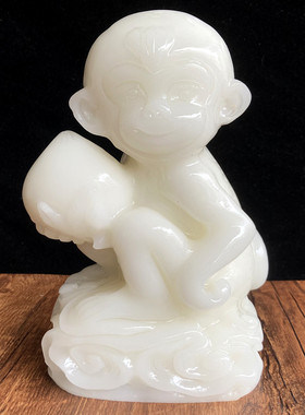 天然玉雕白玉贺寿猴子摆件玉石生肖猴家居电视柜装饰祝福生日礼品