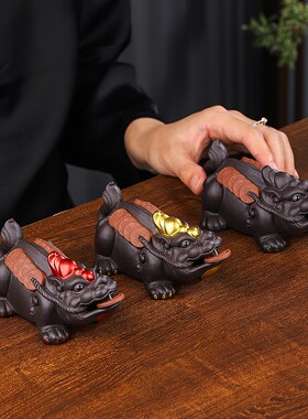 紫砂招财貔貅家居装饰摆件手工客厅办公室电视柜桌面摆设茶宠茶玩