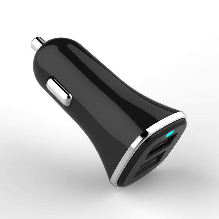 跨境热销车载充电器双口5V2.4A车充一拖二汽车点烟器手机充电器