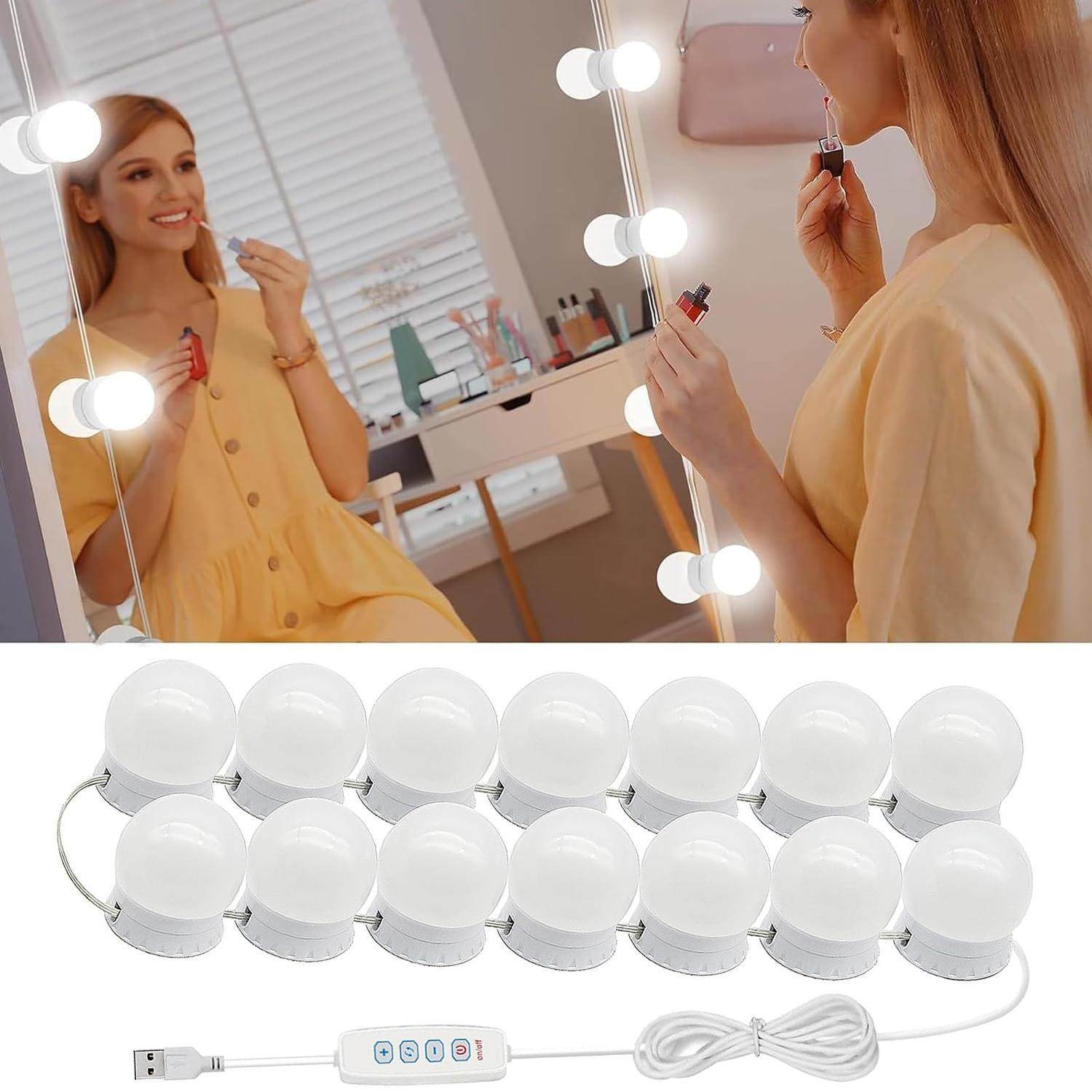 跨境5V免打孔粘贴USB化妆镜灯好莱坞镜前灯补光灯三色可调光灯泡