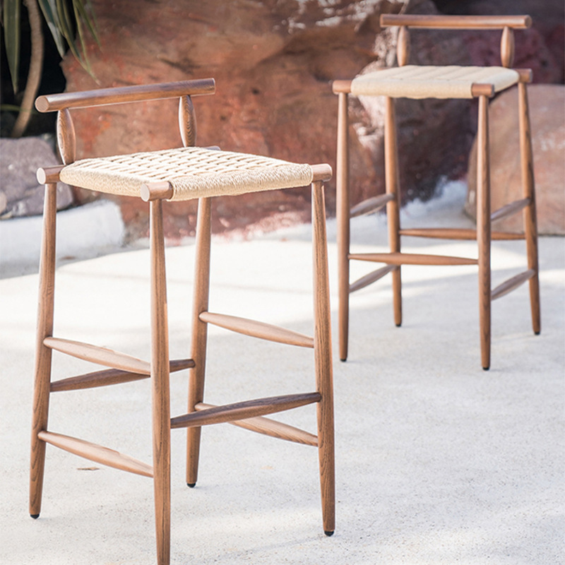 户外实木吧椅侘寂风阳台吧台椅柚木藤编高脚椅民宿酒店室外高脚凳
