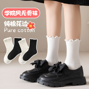 公主风儿童花边堆堆袜中筒黑色春秋款 纯棉配小皮鞋 款 女童袜子秋季