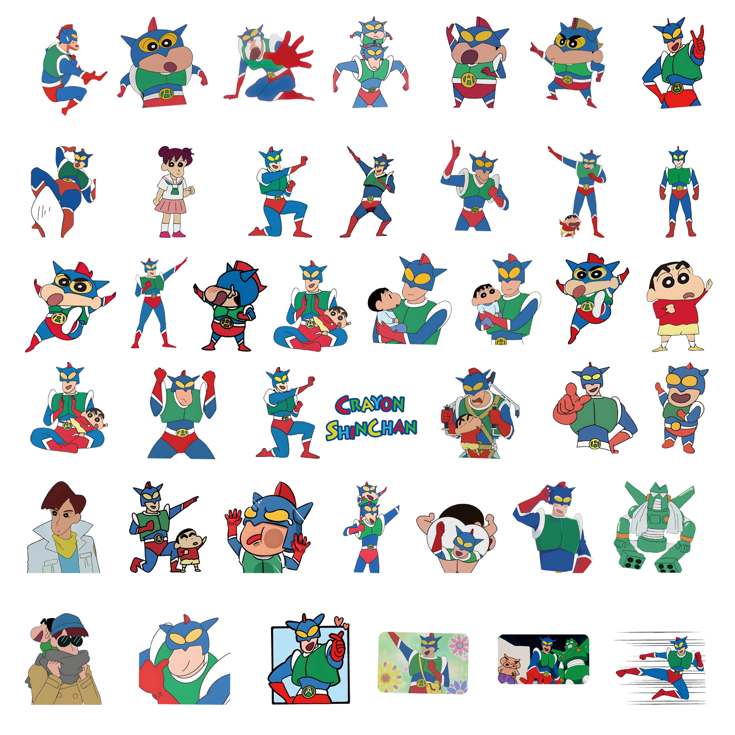 40张卡通动漫正义的动感超人贴纸蜡笔小新贴画装饰笔记本头盔相框画保温杯吉他衣柜收纳箱拉杆箱贴纸防水pvc