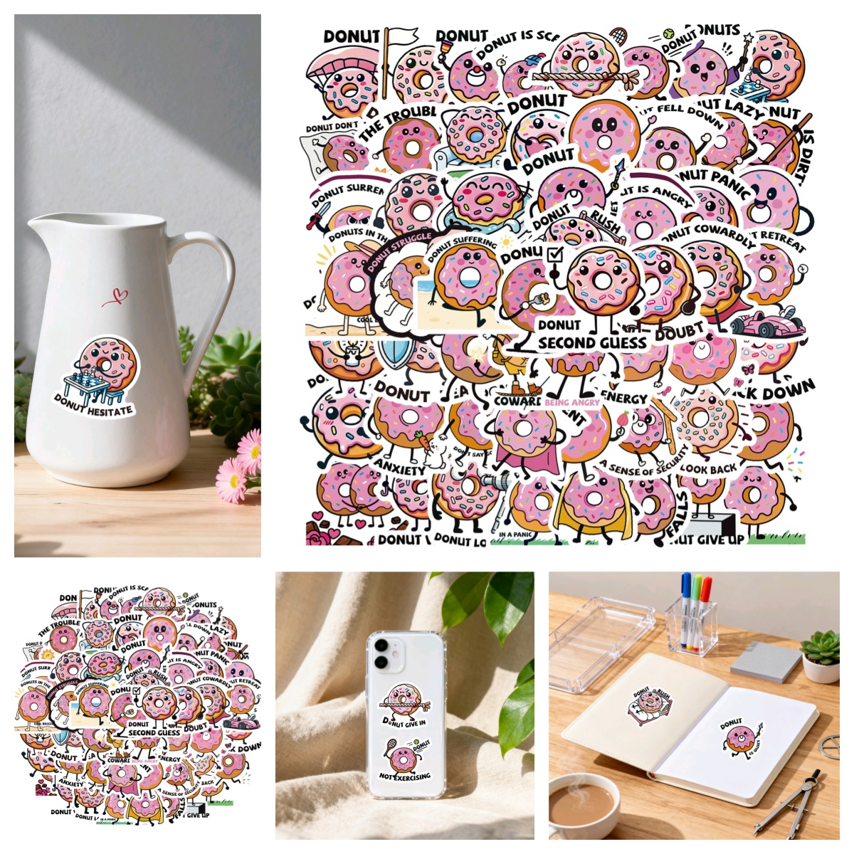 56张创意粉色可爱有趣的甜甜圈文字英文卡通贴纸装饰手机壳行李箱笔记本电脑保温杯头盔音箱洗衣机DIY防水贴