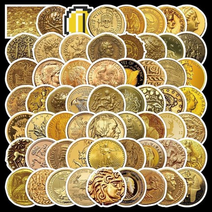 60张Gold金币收藏艺术贴纸DIY涂鸦手账本 手机壳充电宝笔记本平板电脑保温杯旅行箱遥控器吉他滑板头盔玩具