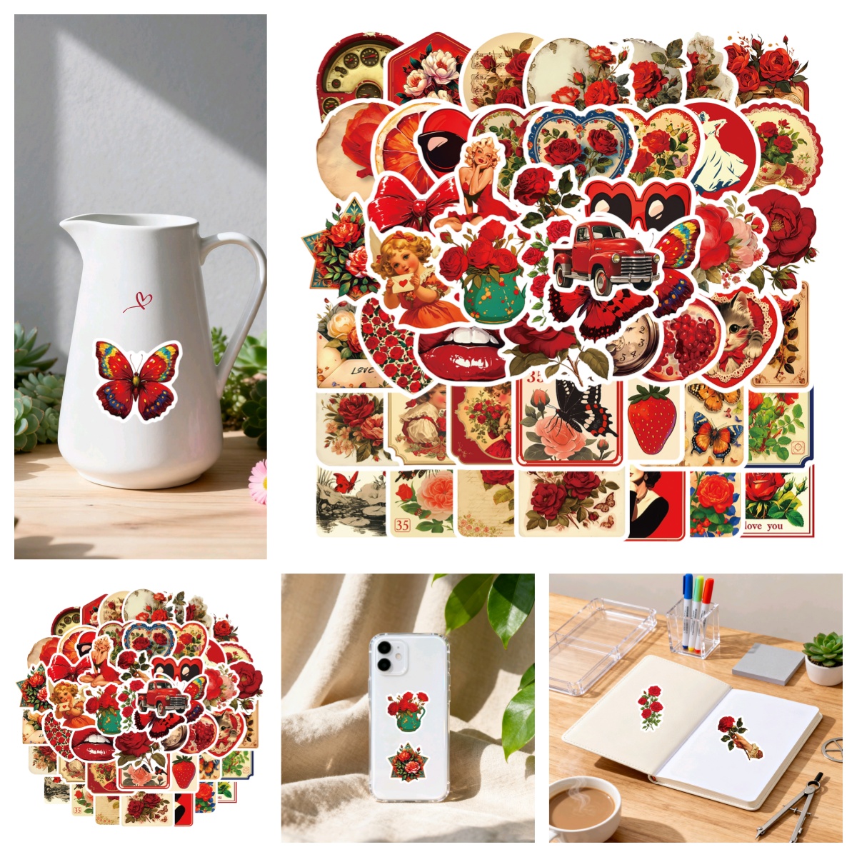 复古艳丽玫瑰创意红色美学涂鸦贴