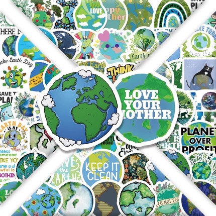 100张地球日装饰英文标识贴纸DIY涂鸦手账本保温杯旅行箱遥控器吉他头盔滑板书桌手机壳充电宝笔记本平板电脑