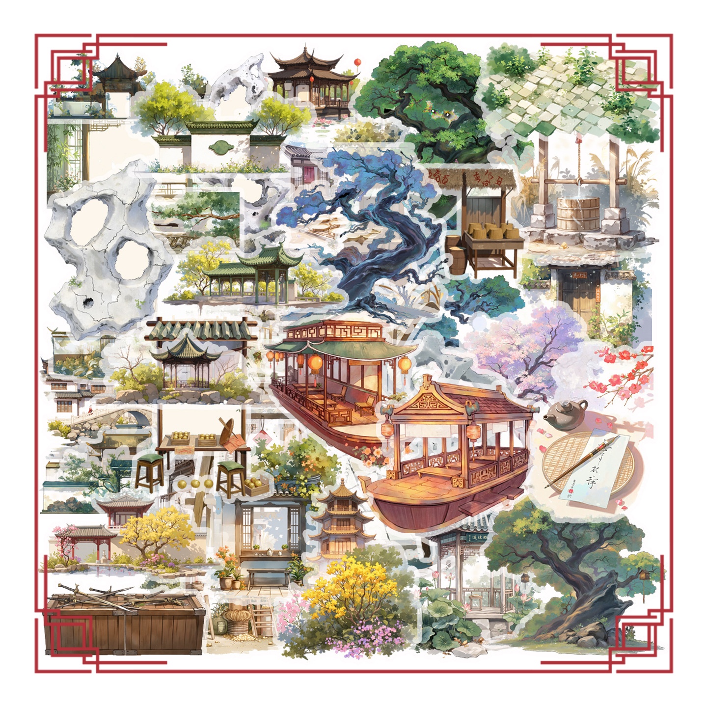 50张古风街景水墨画凉亭美景贴纸