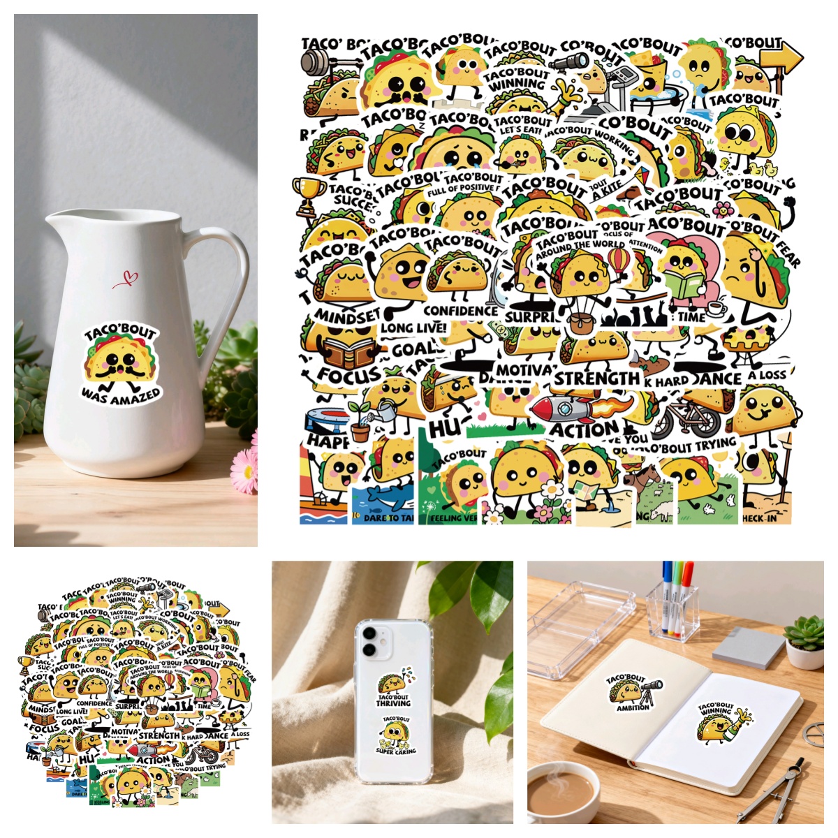 56张卡通塔可文字英文早教贴纸图文结合创意食物装饰行李箱笔记本taco表情包动画儿童奖励个性装饰手机笔记本 - 封面