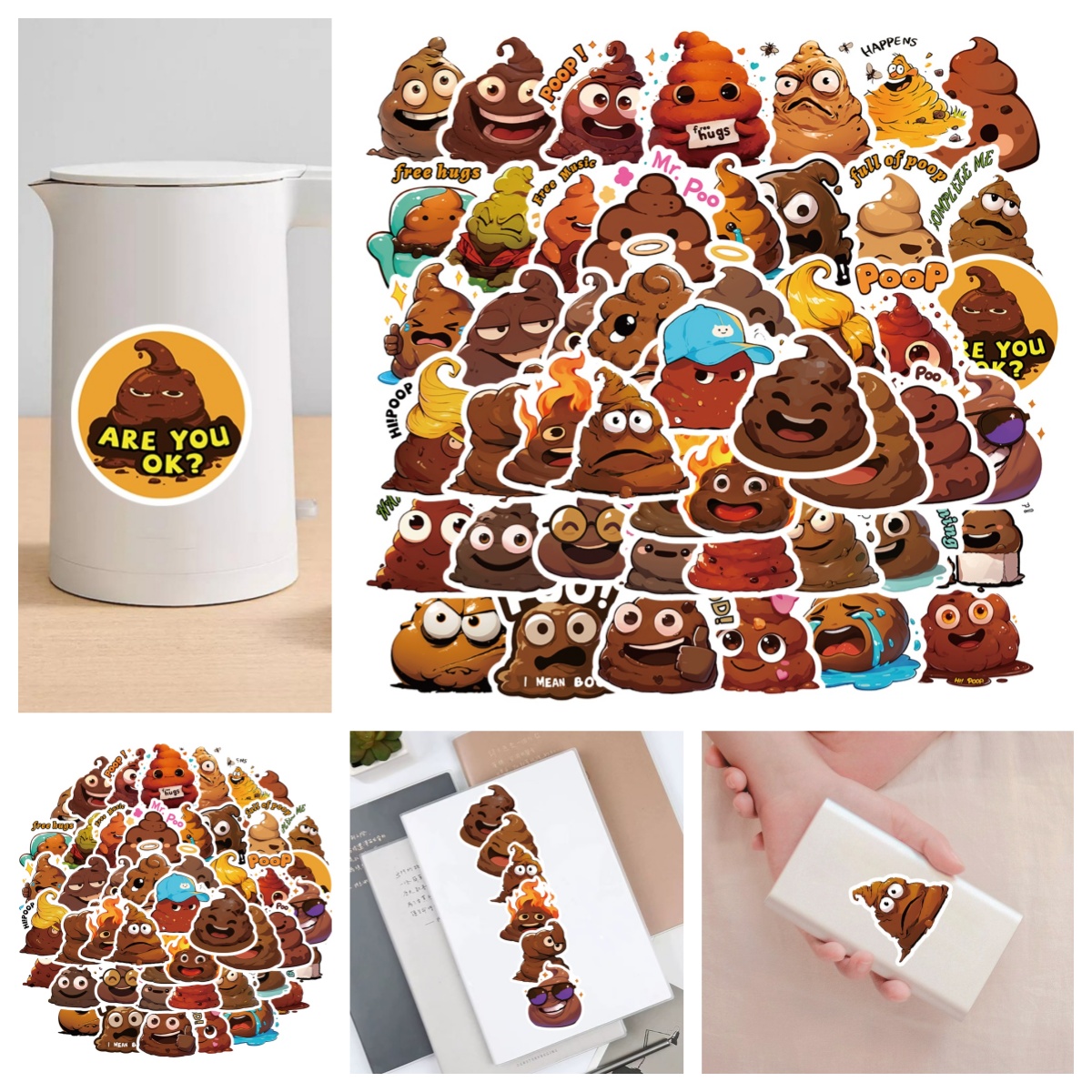 50张可爱卡通恶搞便便网红表情包贴纸diy个性趣味装饰贴画自粘不粘胶电动车音响手机相框手账头盔DIY防水贴纸