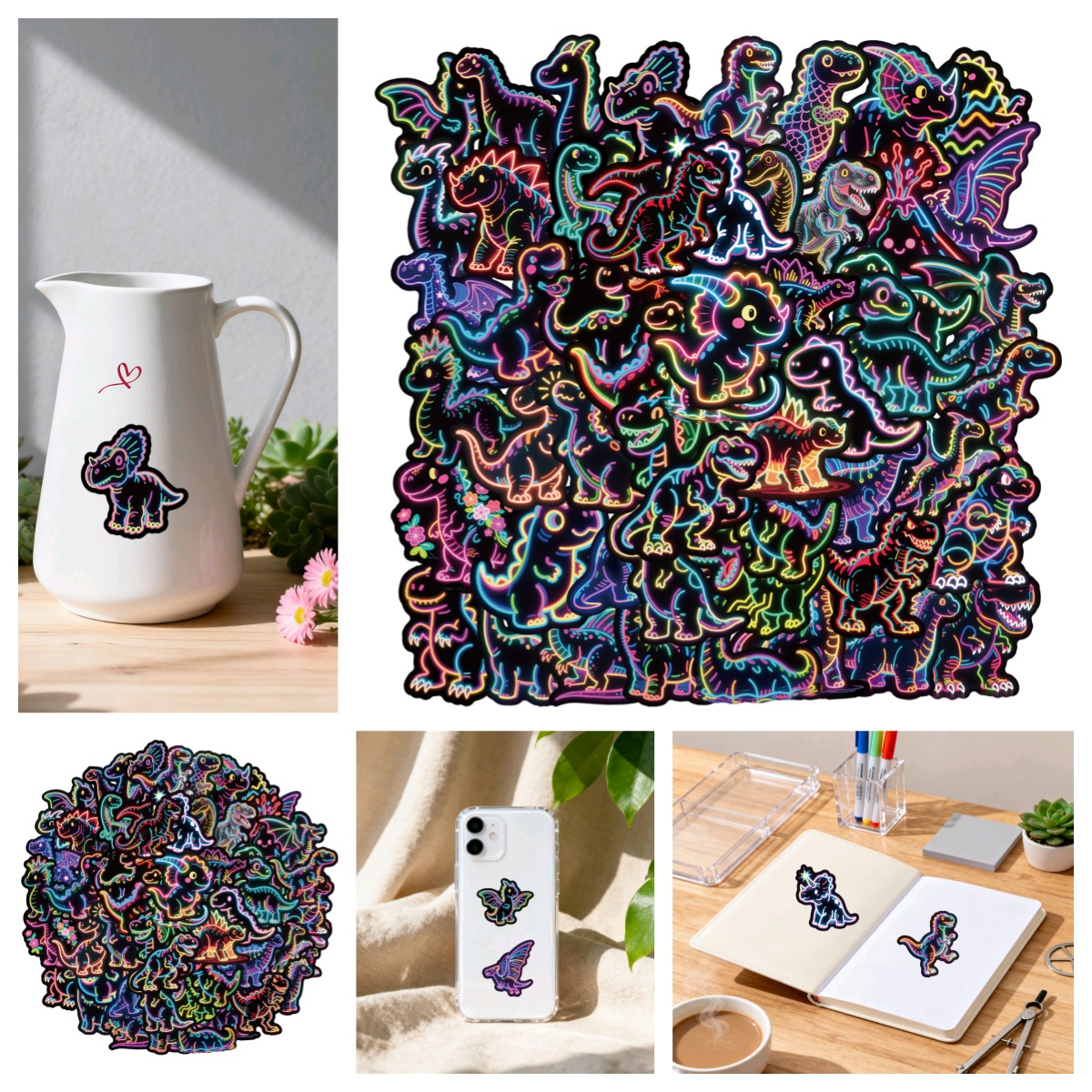 炫彩霓虹恐龙涂鸦黑边彩光贴纸