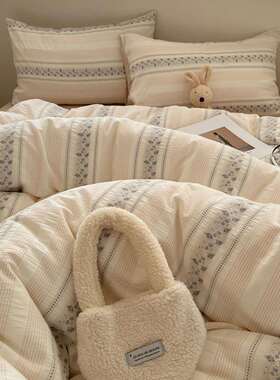 清新复古风高档式提韩花纯ENI棉全棉四件小套床上用品床单被套公