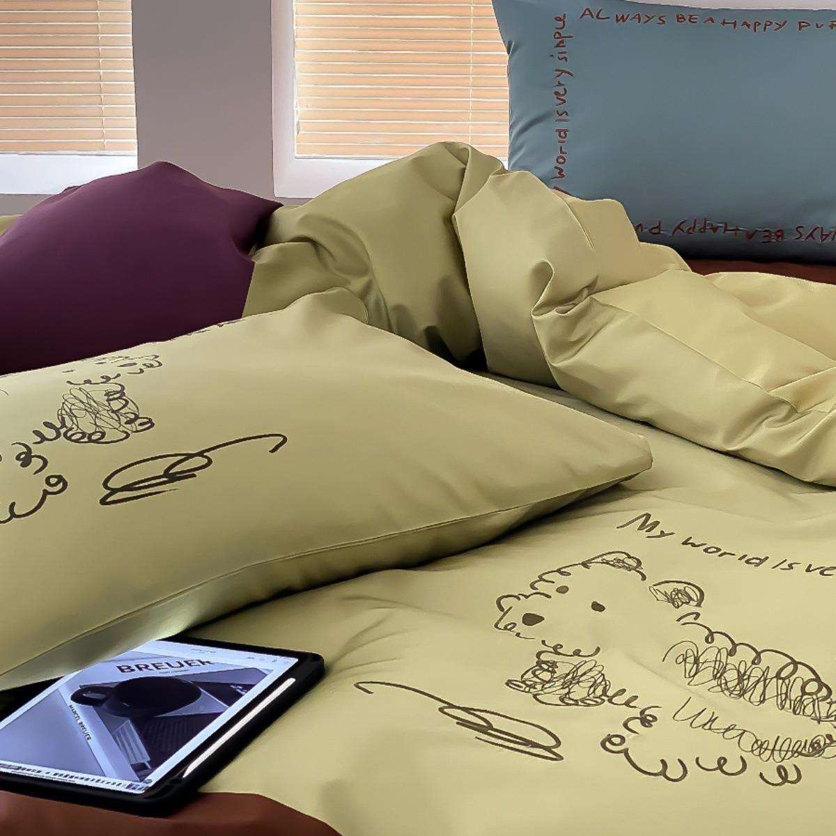 长1可爱卡通软萌潦草套小狗刺100支绒棉四件全棉纯绣棉床单YLS-20
