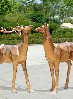 简约几何块YJR面仿梅花鹿摆件户璃外玻钢雕塑园林铜观售景楼处装