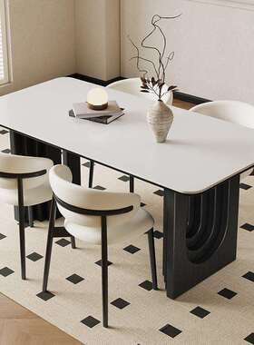 岩板餐桌式组现简约意VSL餐桌椅组合家用黑色小户型饭合代桌椅长