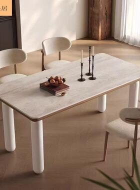 法桌轻奢101627洞石岩板桌小户型实木式餐椅餐组合奶油风简约长方