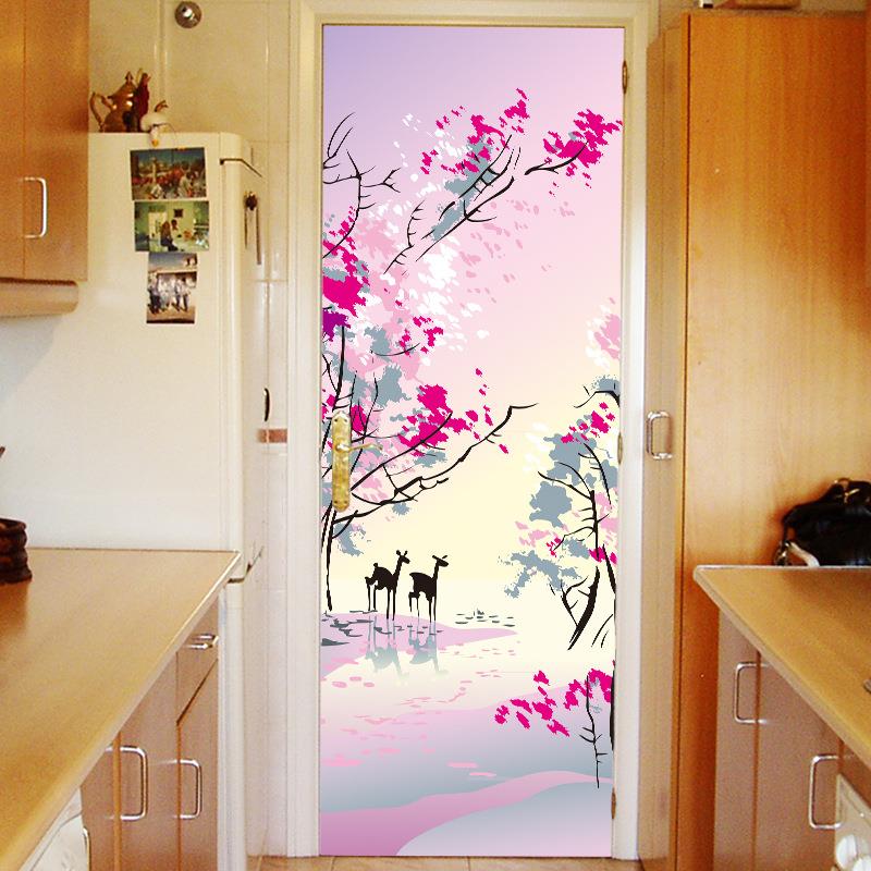 8仿真门墙贴创意防水贴画卧室客A厅玻璃A00080门壁饰00雪中梅与鹿