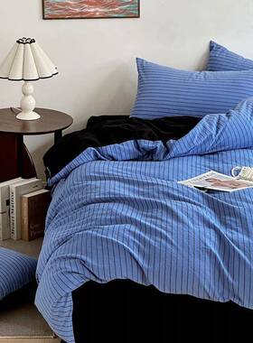 跨三境A类式蓝色条纹藏蓝水洗棉纯棉件套全棉美被套床四112单笠件
