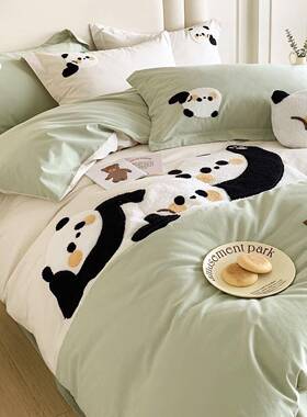 秋冬加10000121套00上支纯棉磨毛四件卡通可爱风全棉厚毛巾绣被罩