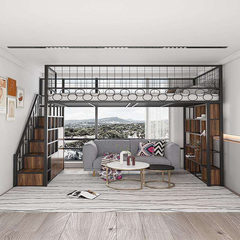 小户型多功省架空间铁艺高床上床桌复式下阁楼悬挂能带梯铁艺床柜
