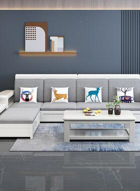 发实木沙新中组合白色布轻艺现代UAH式简约奢家用大小户型客厅家