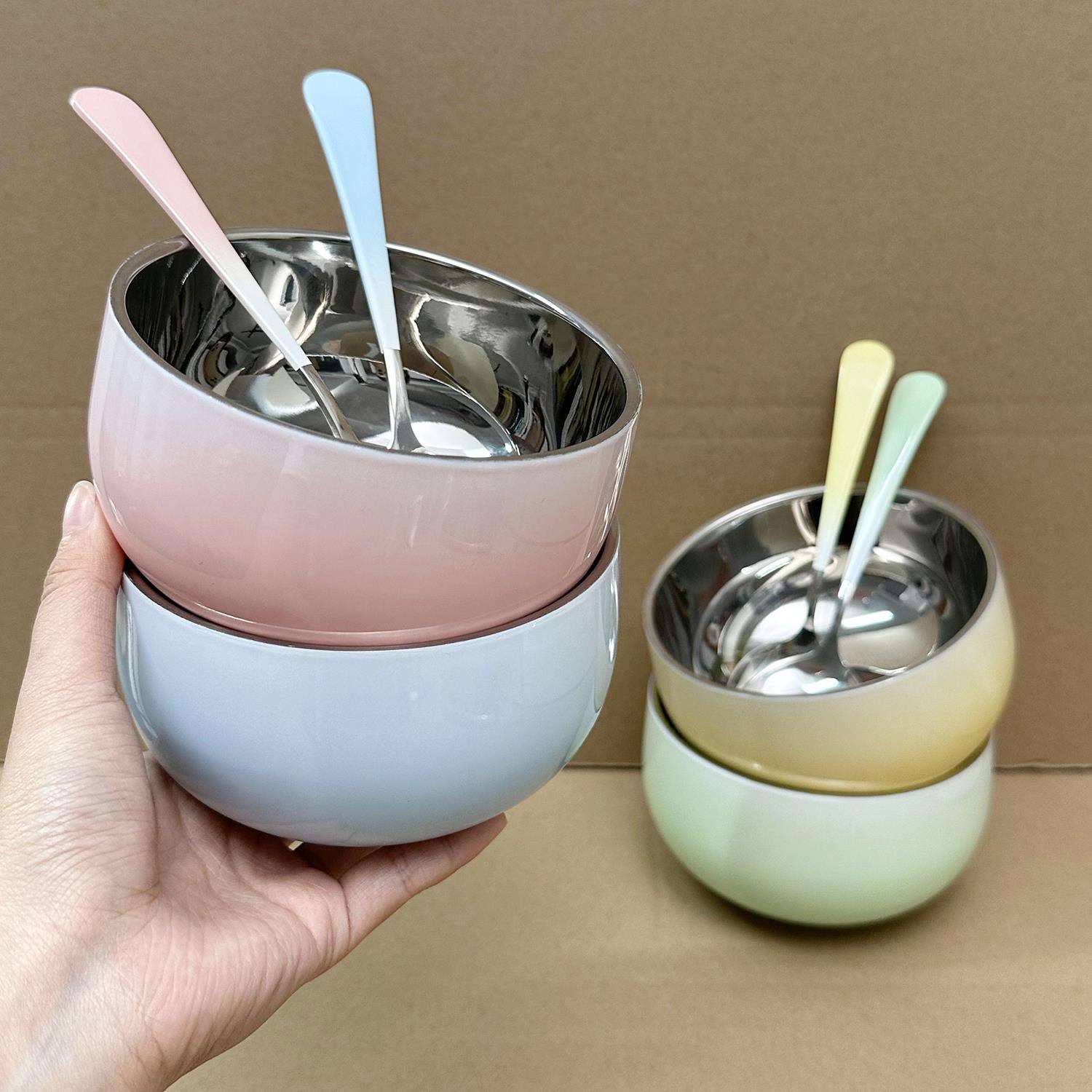 挖个宝啦！不锈钢碗双304层防烫汤碗筷到子勺B1201-1家用吃饭人专